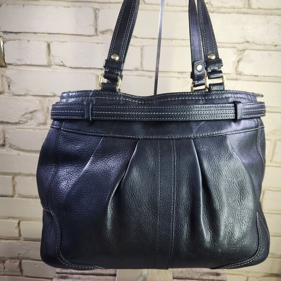 Vintage Coach Hampton Black Leather Pleated Handbag Tote Purse c - Picture 3 of 12